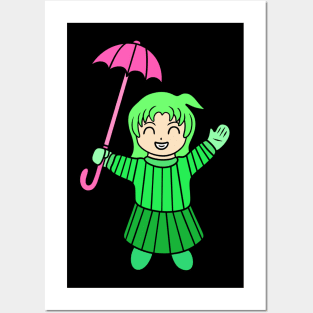 Cute girl with umbrella Posters and Art